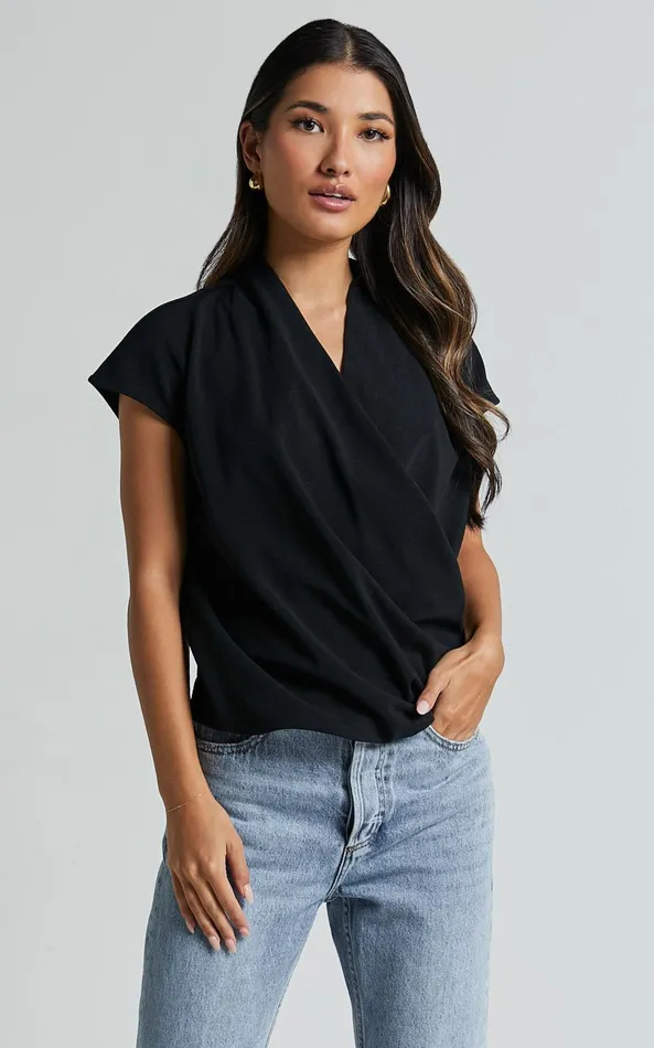 Showpo Lucianne Top 8211 Short Sleeve Draped Top In Black Women Tops
