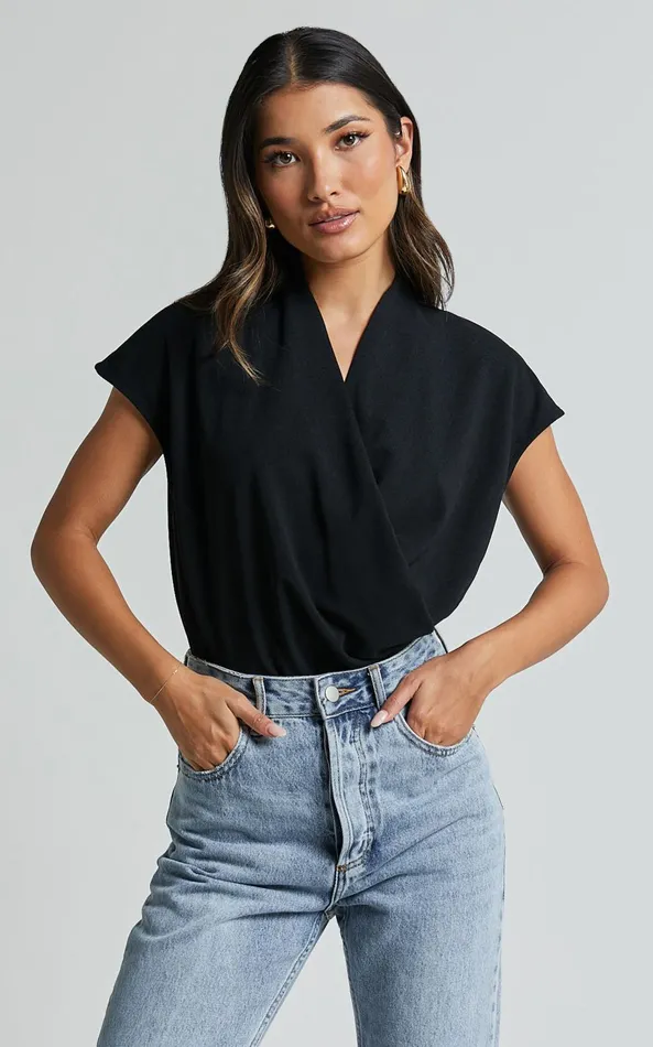 Showpo Lucianne Top 8211 Short Sleeve Draped Top In Black Women Tops