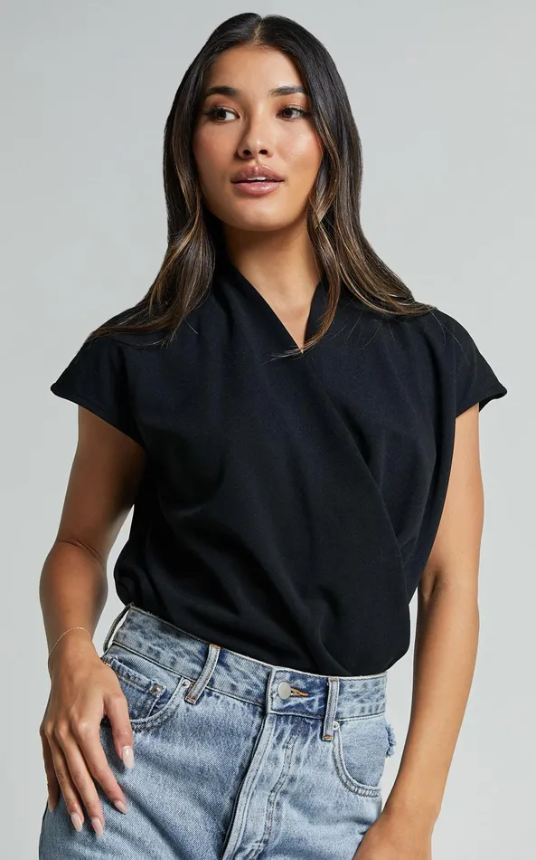 Showpo Lucianne Top 8211 Short Sleeve Draped Top In Black Women Tops