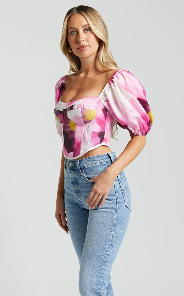 Showpo Lucienna Top 8211 Sweetheart Blouson Puff Sleeve Corset In Zinnia Bloom Women Tops