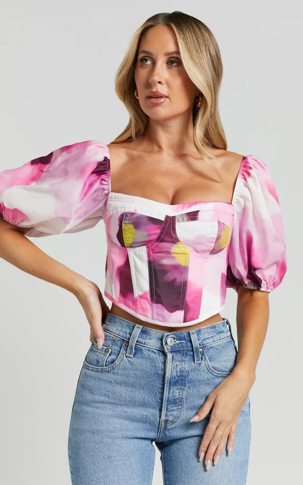 Showpo Lucienna Top 8211 Sweetheart Blouson Puff Sleeve Corset In Zinnia Bloom Women Tops