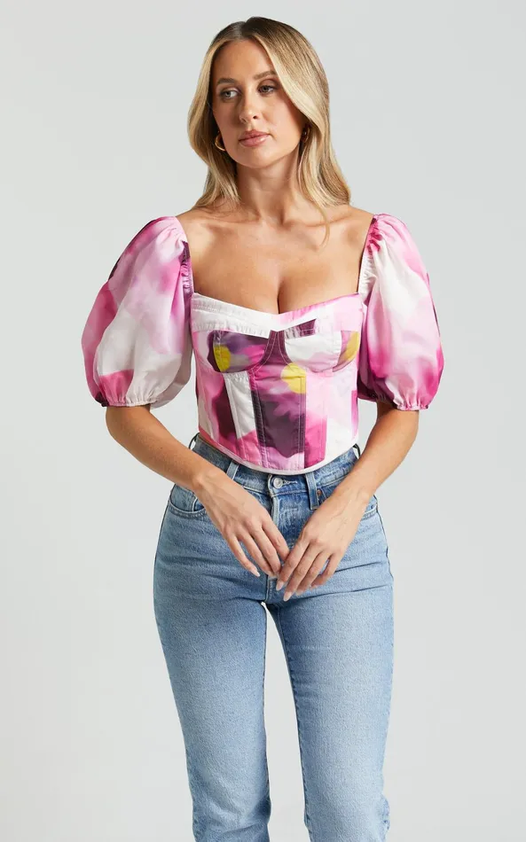 Showpo Lucienna Top 8211 Sweetheart Blouson Puff Sleeve Corset In Zinnia Bloom Women Tops