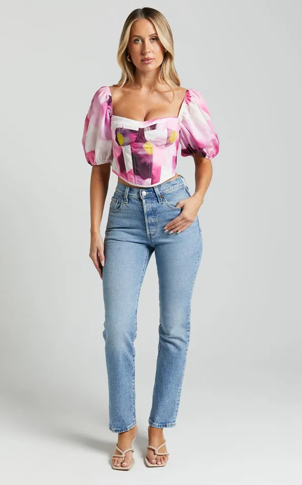 Showpo Lucienna Top 8211 Sweetheart Blouson Puff Sleeve Corset In Zinnia Bloom Women Tops