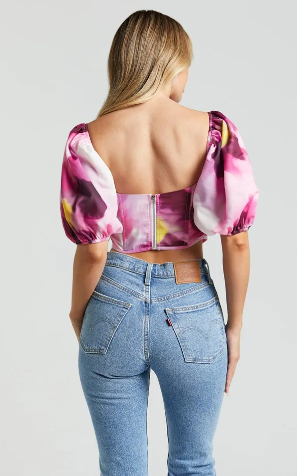 Showpo Lucienna Top 8211 Sweetheart Blouson Puff Sleeve Corset In Zinnia Bloom Women Tops