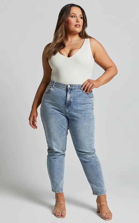 Showpo Lucilla Jeans 8211 High Waisted Contour Fitted Denim Jeans In Mid Blue Wash Women Curve Clothes