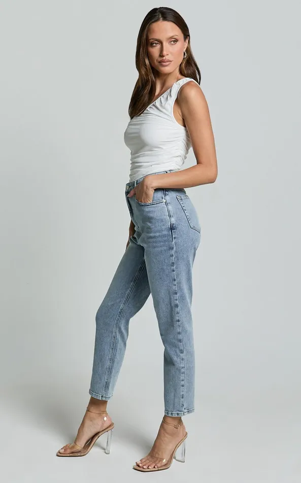 Showpo Lucilla Jeans 8211 High Waisted Contour Fitted Denim Jeans In Mid Blue Wash Women Curve Clothes
