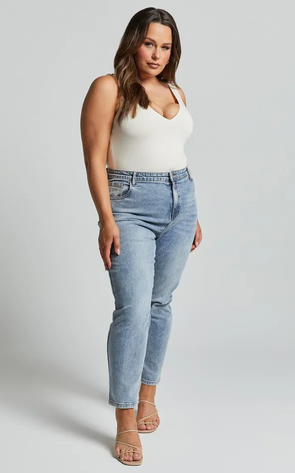 Showpo Lucilla Jeans 8211 High Waisted Contour Fitted Denim Jeans In Mid Blue Wash Women Curve Clothes