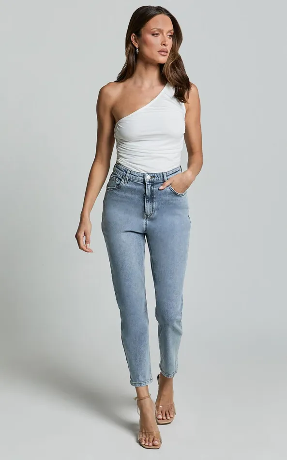Showpo Lucilla Jeans 8211 High Waisted Contour Fitted Denim Jeans In Mid Blue Wash Women Curve Clothes