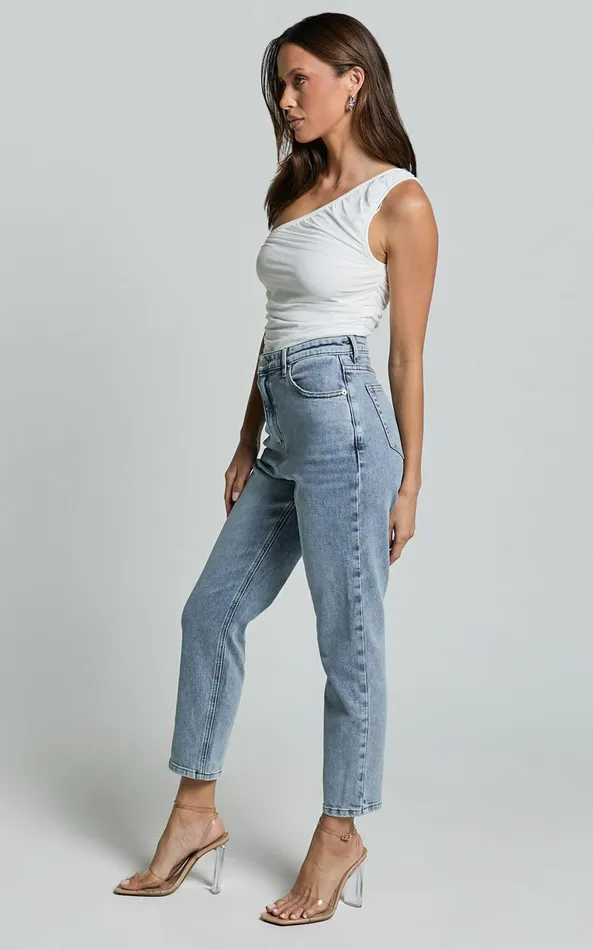 Showpo Lucilla Jeans 8211 High Waisted Contour Fitted Denim Jeans In Mid Blue Wash Women Curve Clothes