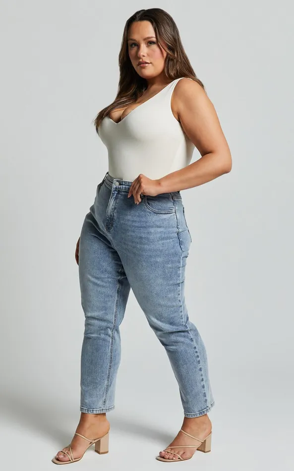 Showpo Lucilla Jeans 8211 High Waisted Contour Fitted Denim Jeans In Mid Blue Wash Women Curve Clothes