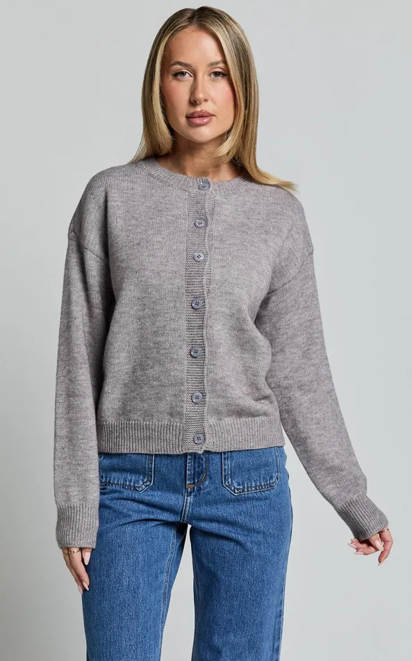 Showpo Lucille Cardigan 8211 Button Through Scoop Neck Knit Cardigan In Grey Women Knitwear