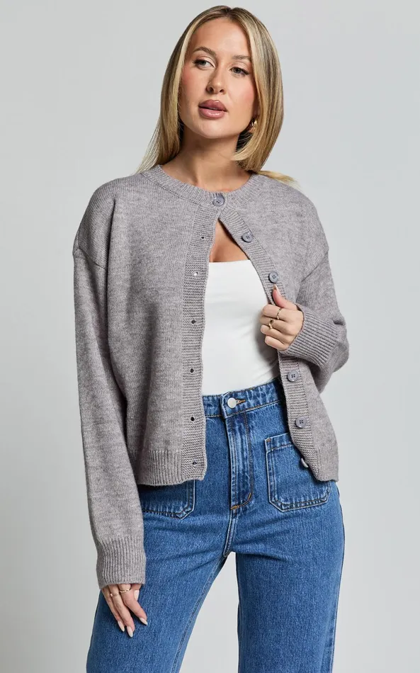 Showpo Lucille Cardigan 8211 Button Through Scoop Neck Knit Cardigan In Grey Women Knitwear