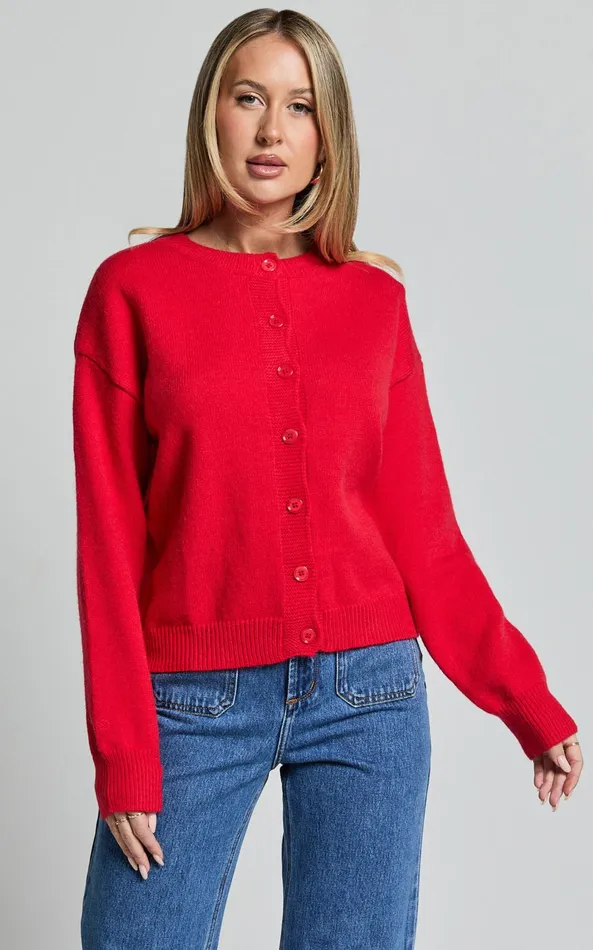 Showpo Lucille Cardigan 8211 Button Through Scoop Neck Knit Cardigan In Red Women Knitwear