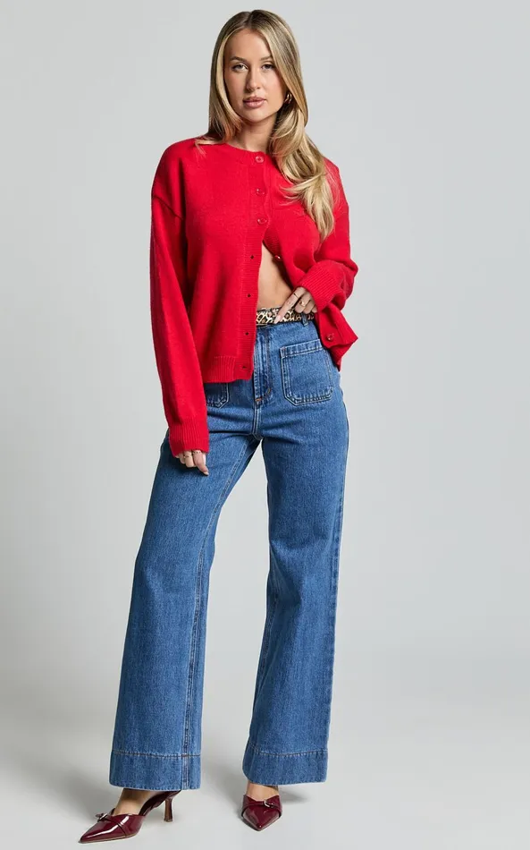 Showpo Lucille Cardigan 8211 Button Through Scoop Neck Knit Cardigan In Red Women Knitwear
