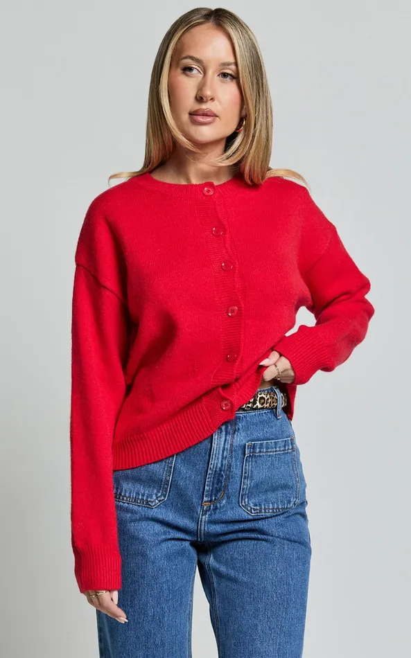 Showpo Lucille Cardigan 8211 Button Through Scoop Neck Knit Cardigan In Red Women Knitwear