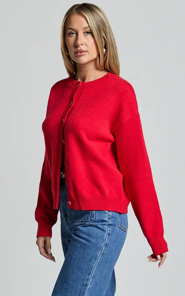 Showpo Lucille Cardigan 8211 Button Through Scoop Neck Knit Cardigan In Red Women Knitwear
