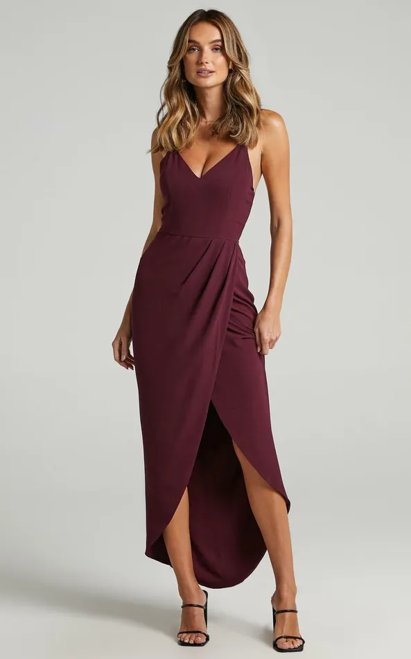 Showpo Lucky Day High Low Maxi Dress In Wine Women Curve Clothes