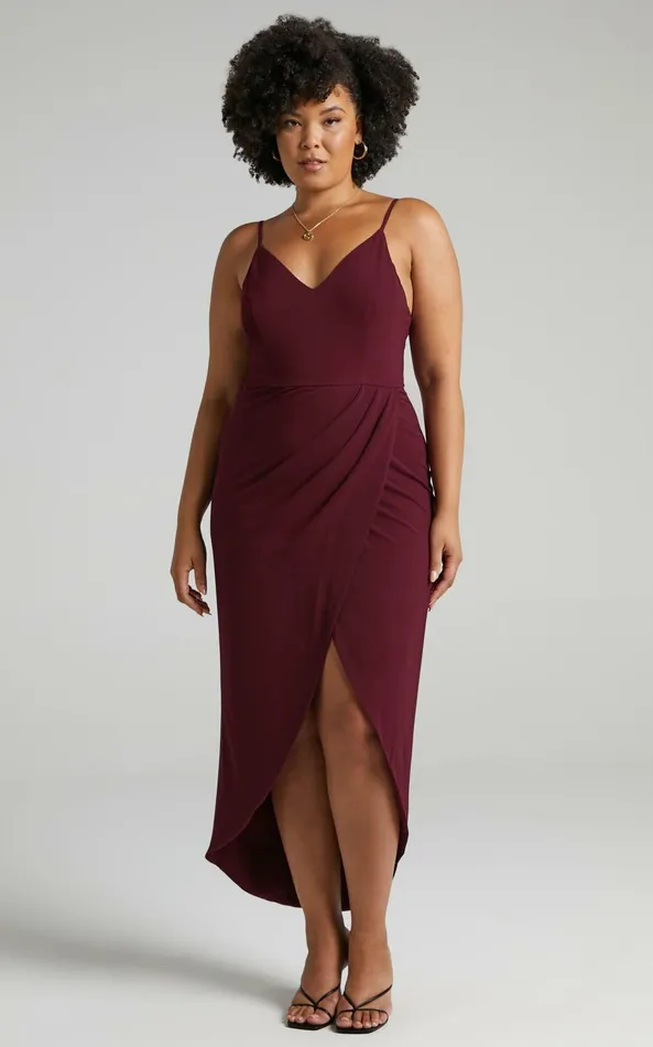 Showpo Lucky Day High Low Maxi Dress In Wine Women Curve Clothes