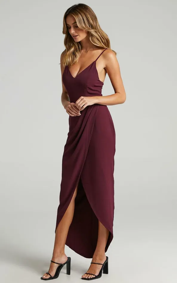 Showpo Lucky Day High Low Maxi Dress In Wine Women Curve Clothes