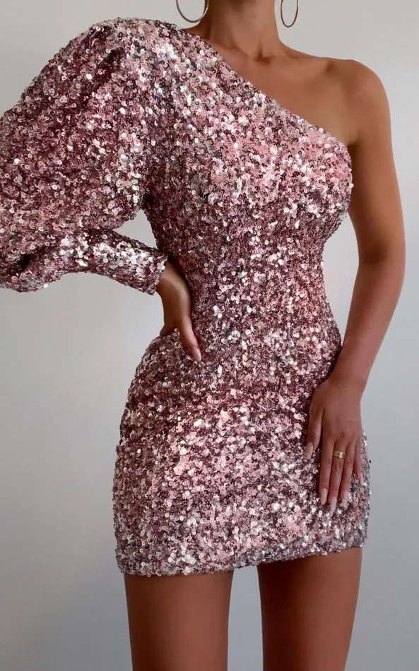 Showpo Luecia Mini Dress 8211 Asymmetric One Shoulder Puff Sleeve Dress In Pink Sequin Women Dresses Showpo Luecia Mini Dress 8211 Asymmetric One Shoulder Puff Sleeve Dress In Pink Sequin Women Dresses