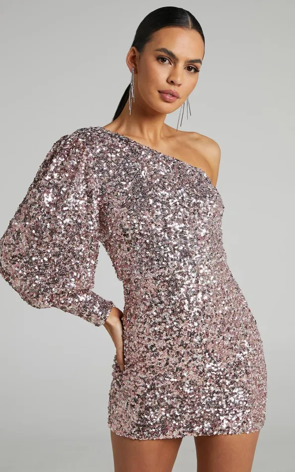 Showpo Luecia Mini Dress 8211 Asymmetric One Shoulder Puff Sleeve Dress In Pink Sequin Women Dresses