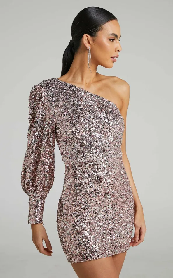 Showpo Luecia Mini Dress 8211 Asymmetric One Shoulder Puff Sleeve Dress In Pink Sequin Women Dresses