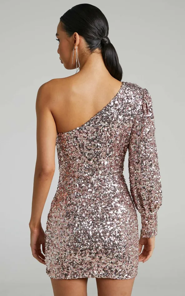 Showpo Luecia Mini Dress 8211 Asymmetric One Shoulder Puff Sleeve Dress In Pink Sequin Women Dresses