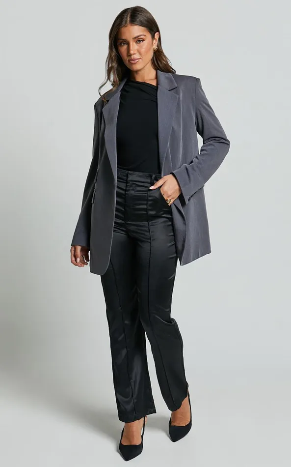 Showpo Luella Pants 8211 Satin Straight Leg Tailored Trousers In Black Women Pants
