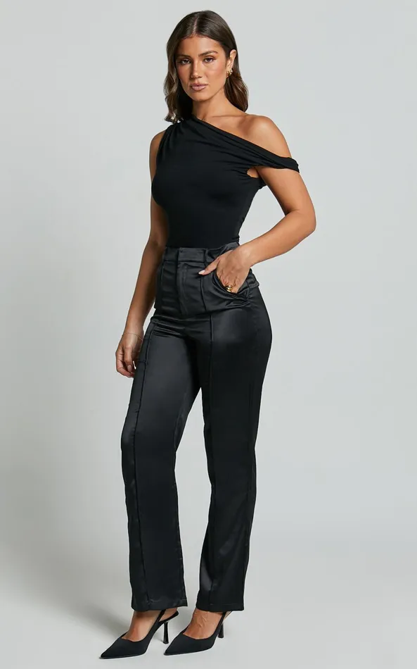 Showpo Luella Pants 8211 Satin Straight Leg Tailored Trousers In Black Women Pants