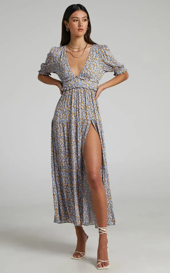 Showpo Luisella Midi Dress 8211 Puff Sleeve Tiered Dress In Blue Ditsy Floral Women Dresses Showpo Luisella Midi Dress 8211 Puff Sleeve Tiered Dress In Blue Ditsy Floral Women Dresses