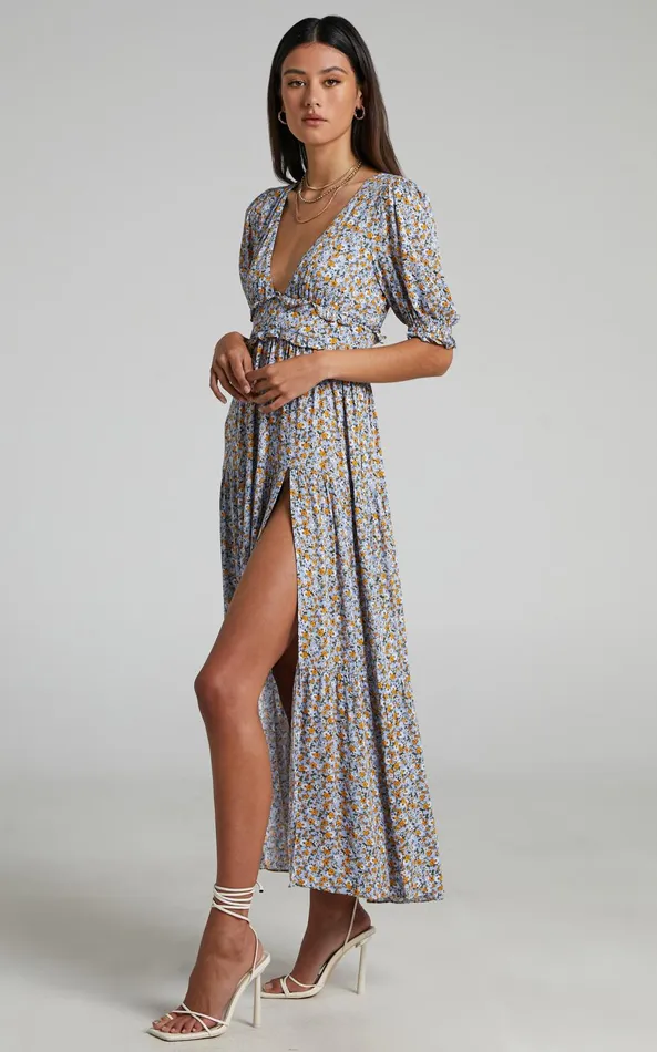Showpo Luisella Midi Dress 8211 Puff Sleeve Tiered Dress In Blue Ditsy Floral Women Dresses