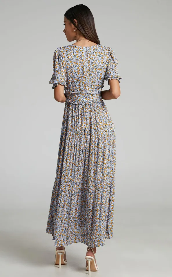 Showpo Luisella Midi Dress 8211 Puff Sleeve Tiered Dress In Blue Ditsy Floral Women Dresses