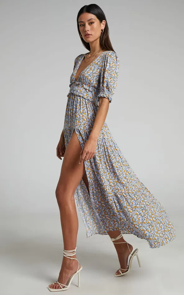 Showpo Luisella Midi Dress 8211 Puff Sleeve Tiered Dress In Blue Ditsy Floral Women Dresses