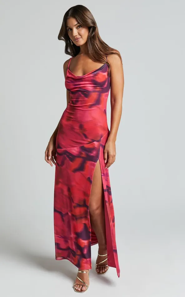 Showpo Lula Maxi Dress 8211 Cowl Neck Thigh Split Dress In Adeana Print Women Dresses