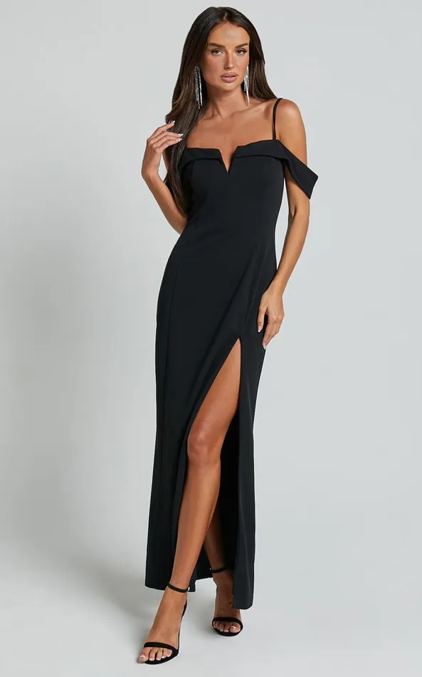 Showpo Lulette Maxi Dress 8211 Plunge V Off The Shoulder Sleeve Detail Maxi In Black Women Dresses