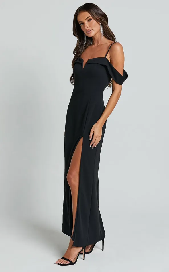 Showpo Lulette Maxi Dress 8211 Plunge V Off The Shoulder Sleeve Detail Maxi In Black Women Dresses