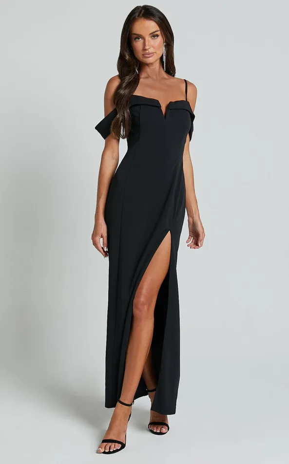 Showpo Lulette Maxi Dress 8211 Plunge V Off The Shoulder Sleeve Detail Maxi In Black Women Dresses