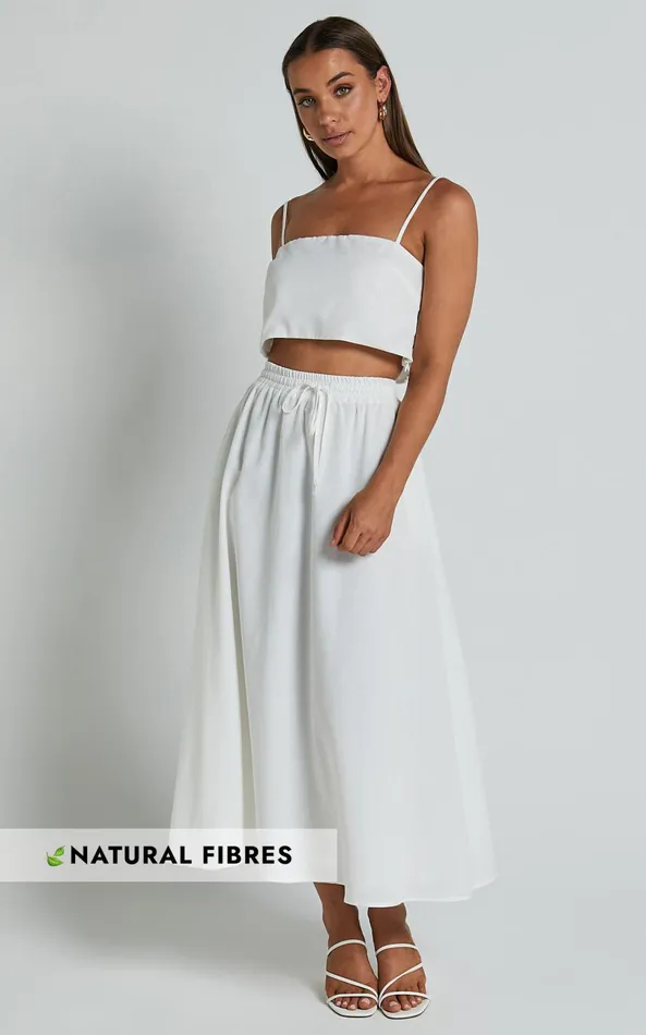 Showpo Lumi Two Piece Set Linen Look Strappy Crop Top And Drawstring Midi Skirt In White Women Dresses Showpo Lumi Two Piece Set Linen Look Strappy Crop Top And Drawstring Midi Skirt In White Women Dresses