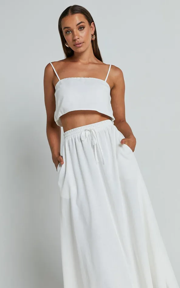 Showpo Lumi Two Piece Set Linen Look Strappy Crop Top And Drawstring Midi Skirt In White Women Dresses