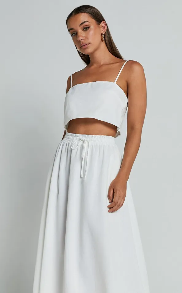 Showpo Lumi Two Piece Set Linen Look Strappy Crop Top And Drawstring Midi Skirt In White Women Dresses