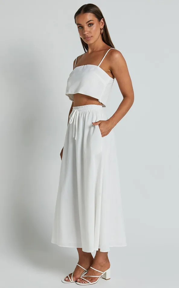 Showpo Lumi Two Piece Set Linen Look Strappy Crop Top And Drawstring Midi Skirt In White Women Dresses