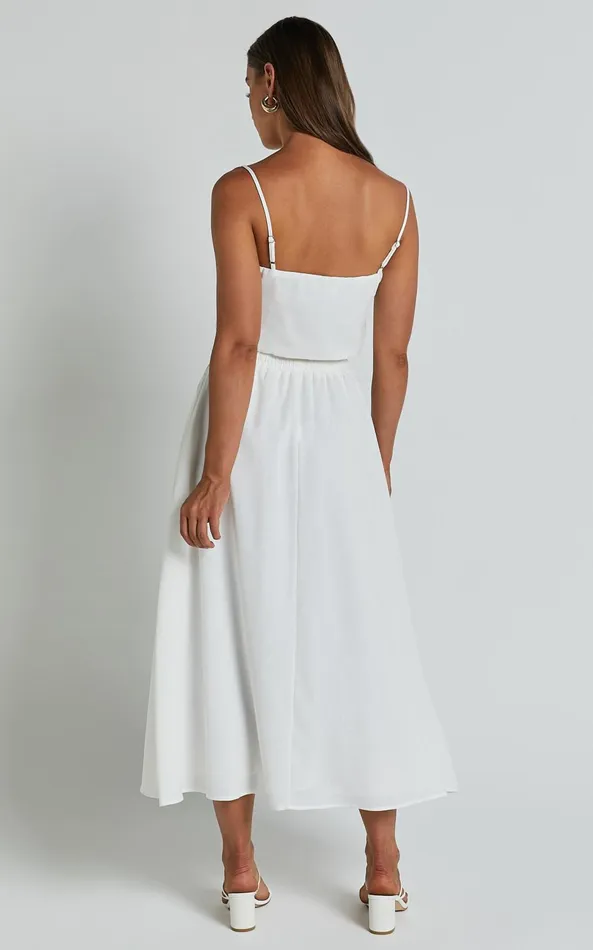 Showpo Lumi Two Piece Set Linen Look Strappy Crop Top And Drawstring Midi Skirt In White Women Dresses