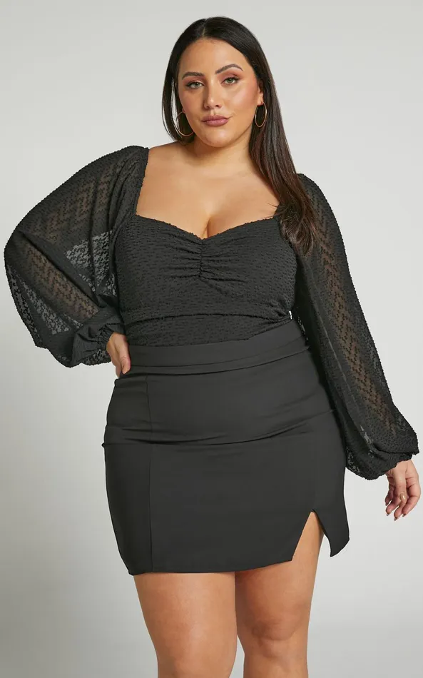 Showpo Lunara Bodysuit 8211 Textured Ballon Sleeve Bodysuit In Black Women Curve Clothes