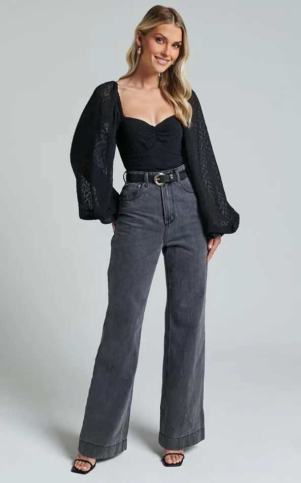 Showpo Lunara Bodysuit 8211 Textured Ballon Sleeve Bodysuit In Black Women Curve Clothes