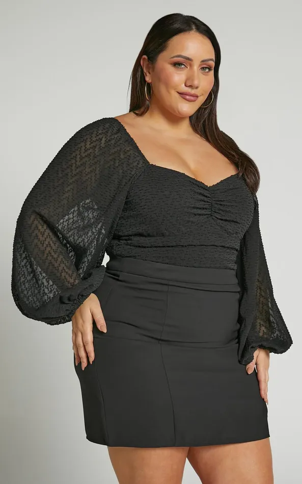 Showpo Lunara Bodysuit 8211 Textured Ballon Sleeve Bodysuit In Black Women Curve Clothes