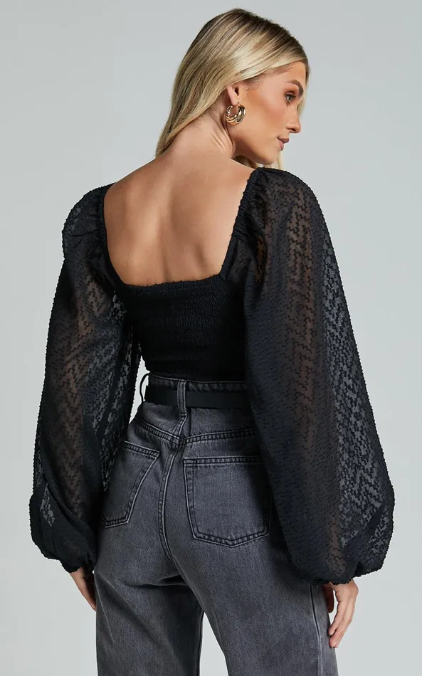Showpo Lunara Bodysuit 8211 Textured Ballon Sleeve Bodysuit In Black Women Curve Clothes
