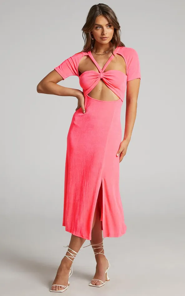 Showpo Lyanna Midi Dress 8211 Cut Out Dress In Neon Pink Women Dresses