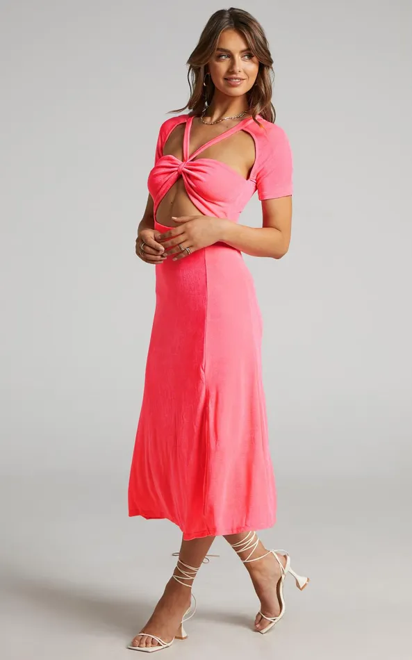 Showpo Lyanna Midi Dress 8211 Cut Out Dress In Neon Pink Women Dresses
