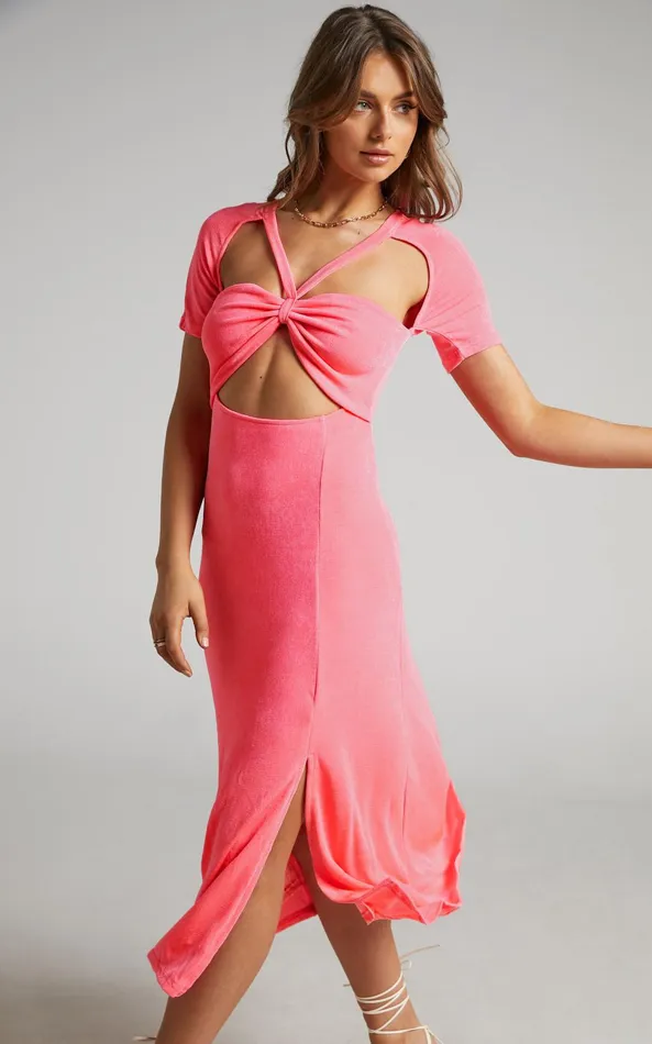 Showpo Lyanna Midi Dress 8211 Cut Out Dress In Neon Pink Women Dresses