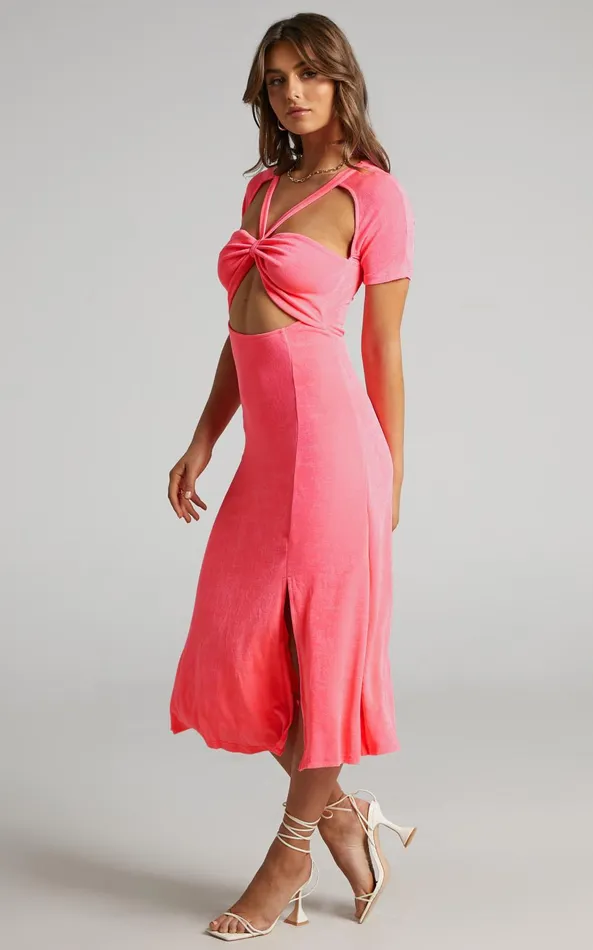 Showpo Lyanna Midi Dress 8211 Cut Out Dress In Neon Pink Women Dresses